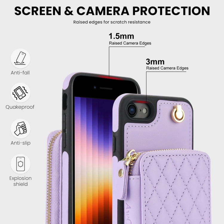 For iPhone 7 / 8 / SE 2022 AwQuer Crossbody Zipper Wallet Rhombic Leather Back Phone Case(Purple) - iPhone SE 2022 / 2020 / 8 / 7 Cases by Awquer | Online Shopping UK | buy2fix
