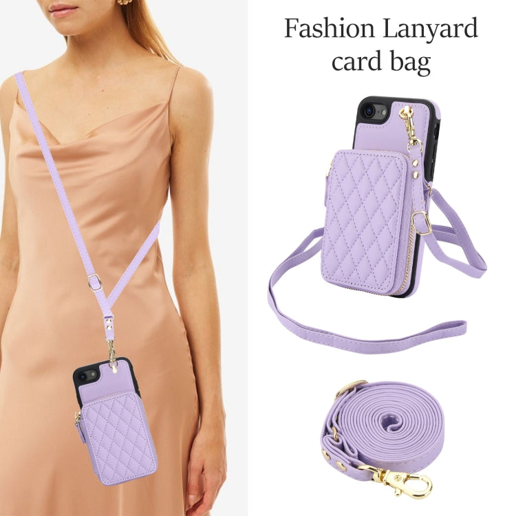 For iPhone 7 / 8 / SE 2022 AwQuer Crossbody Zipper Wallet Rhombic Leather Back Phone Case(Purple) - iPhone SE 2022 / 2020 / 8 / 7 Cases by Awquer | Online Shopping UK | buy2fix