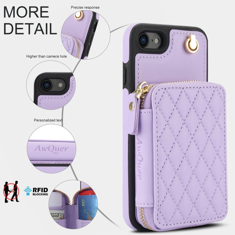 For iPhone 7 / 8 / SE 2022 AwQuer Crossbody Zipper Wallet Rhombic Leather Back Phone Case(Purple) - iPhone SE 2022 / 2020 / 8 / 7 Cases by Awquer | Online Shopping UK | buy2fix