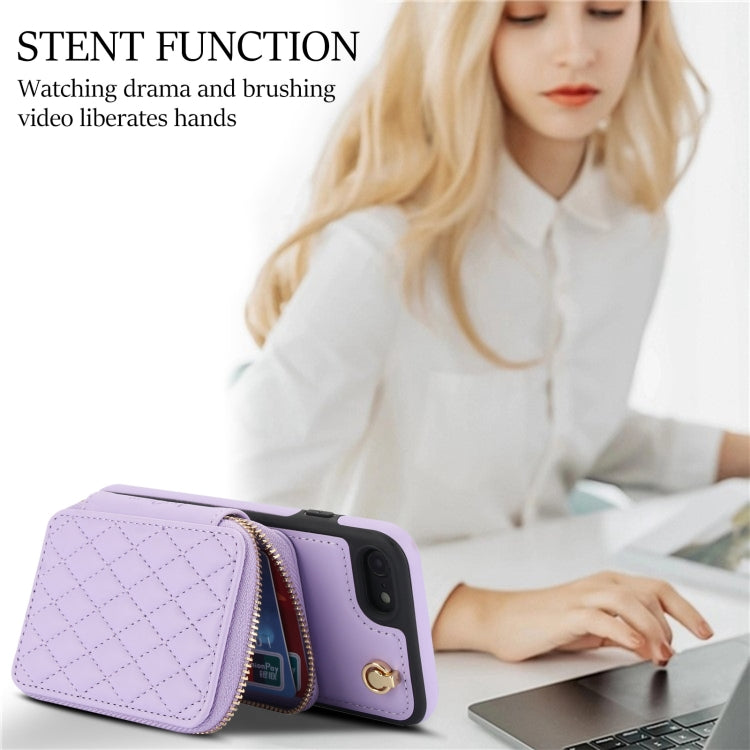 For iPhone 7 / 8 / SE 2022 AwQuer Crossbody Zipper Wallet Rhombic Leather Back Phone Case(Purple) - iPhone SE 2022 / 2020 / 8 / 7 Cases by Awquer | Online Shopping UK | buy2fix