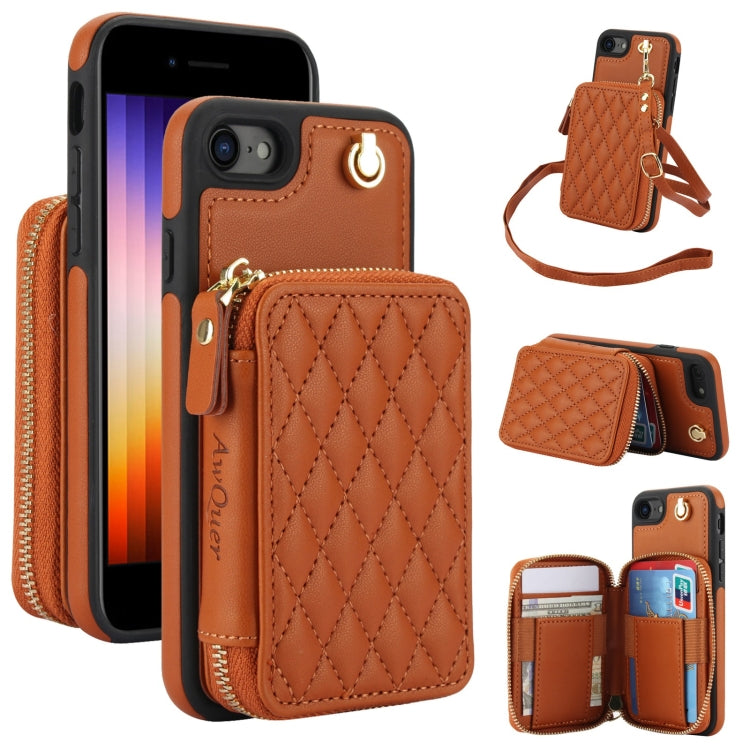 For iPhone 7 / 8 / SE 2022 AwQuer Crossbody Zipper Wallet Rhombic Leather Back Phone Case(Brown) - iPhone SE 2022 / 2020 / 8 / 7 Cases by Awquer | Online Shopping UK | buy2fix