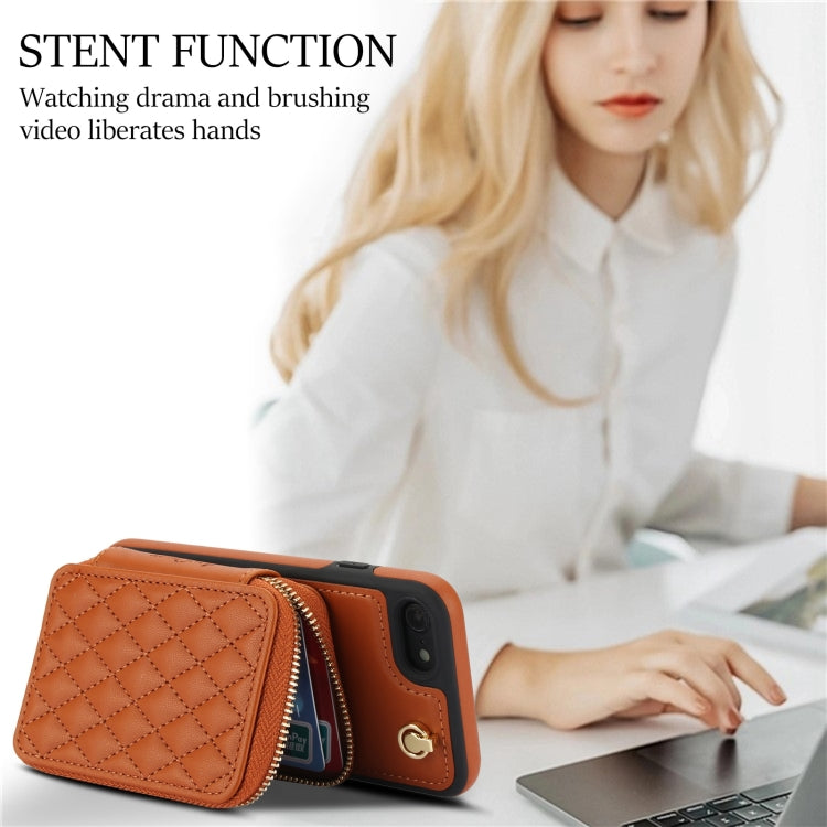 For iPhone 7 / 8 / SE 2022 AwQuer Crossbody Zipper Wallet Rhombic Leather Back Phone Case(Brown) - iPhone SE 2022 / 2020 / 8 / 7 Cases by Awquer | Online Shopping UK | buy2fix