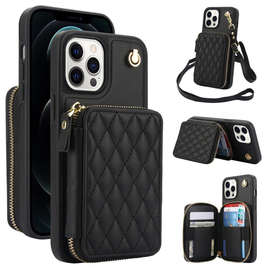 For iPhone 13 Pro Max AwQuer Crossbody Zipper Wallet Rhombic Leather Back Phone Case(Black) - iPhone 13 Pro Max Cases by Awquer | Online Shopping UK | buy2fix