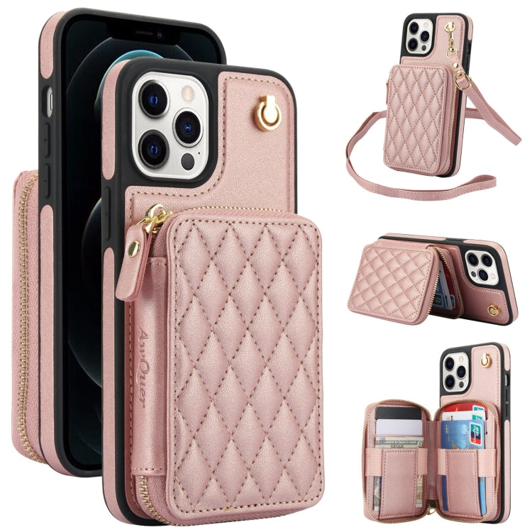 For iPhone 13 Pro Max AwQuer Crossbody Zipper Wallet Rhombic Leather Back Phone Case(Rose Gold) - iPhone 13 Pro Max Cases by Awquer | Online Shopping UK | buy2fix
