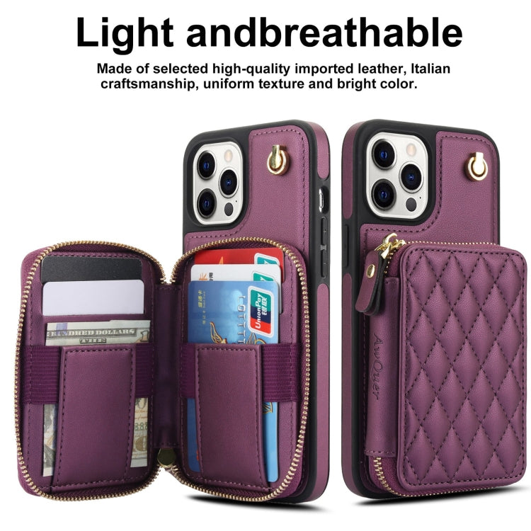 For iPhone 13 Pro Max AwQuer Crossbody Zipper Wallet Rhombic Leather Back Phone Case(Dark Purple) - iPhone 13 Pro Max Cases by Awquer | Online Shopping UK | buy2fix