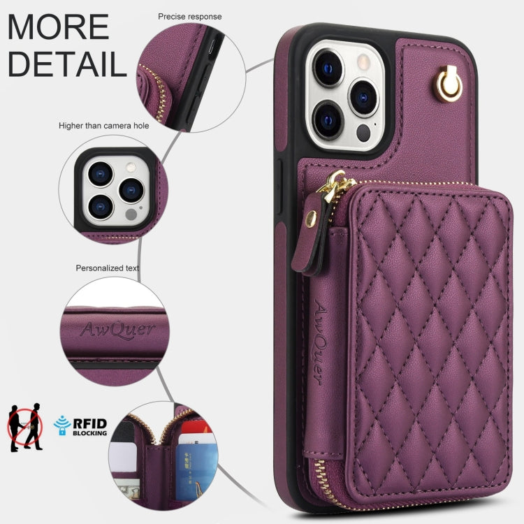 For iPhone 13 Pro Max AwQuer Crossbody Zipper Wallet Rhombic Leather Back Phone Case(Dark Purple) - iPhone 13 Pro Max Cases by Awquer | Online Shopping UK | buy2fix