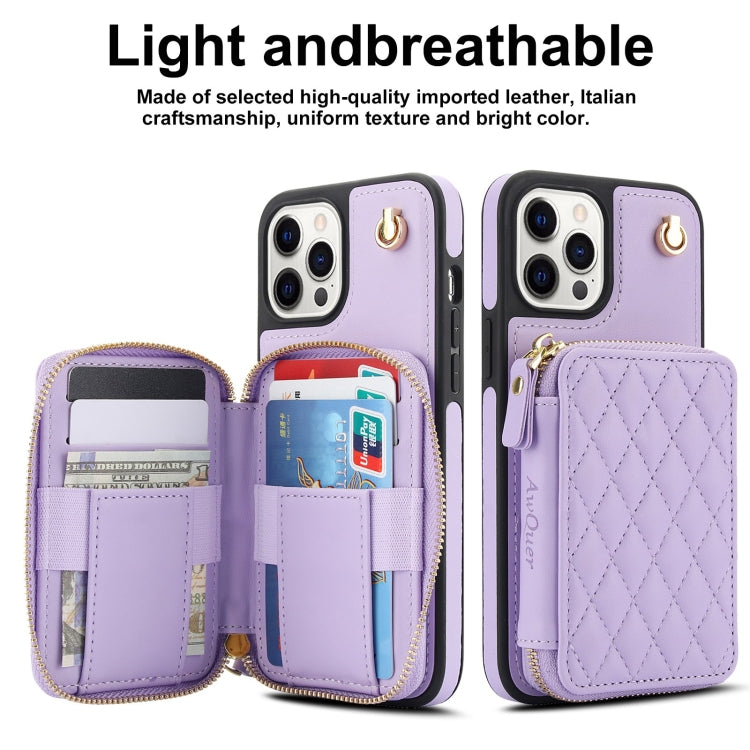 For iPhone 13 Pro Max AwQuer Crossbody Zipper Wallet Rhombic Leather Back Phone Case(Purple) - iPhone 13 Pro Max Cases by Awquer | Online Shopping UK | buy2fix