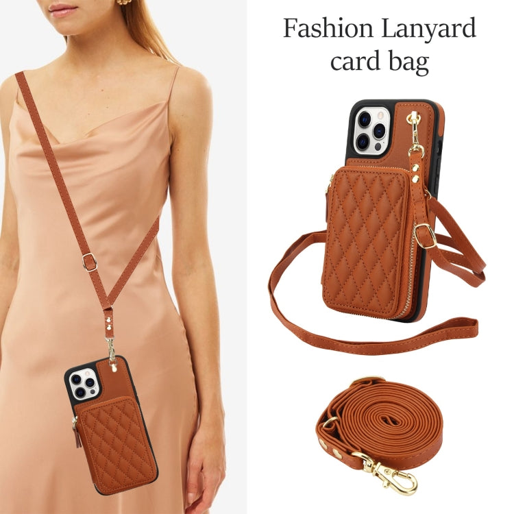 For iPhone 13 Pro Max AwQuer Crossbody Zipper Wallet Rhombic Leather Back Phone Case(Brown) - iPhone 13 Pro Max Cases by Awquer | Online Shopping UK | buy2fix