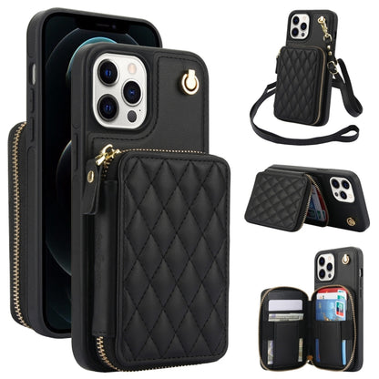 For iPhone 13 Pro AwQuer Crossbody Zipper Wallet Rhombic Leather Back Phone Case(Black) - iPhone 13 Pro Cases by Awquer | Online Shopping UK | buy2fix