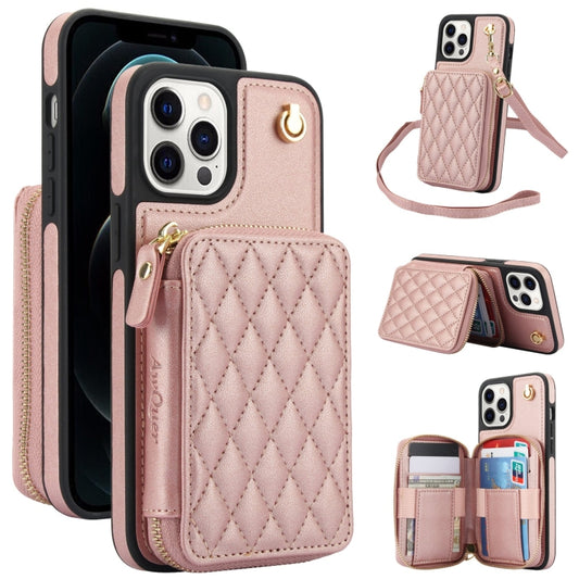 For iPhone 13 Pro AwQuer Crossbody Zipper Wallet Rhombic Leather Back Phone Case(Rose Gold) - iPhone 13 Pro Cases by Awquer | Online Shopping UK | buy2fix