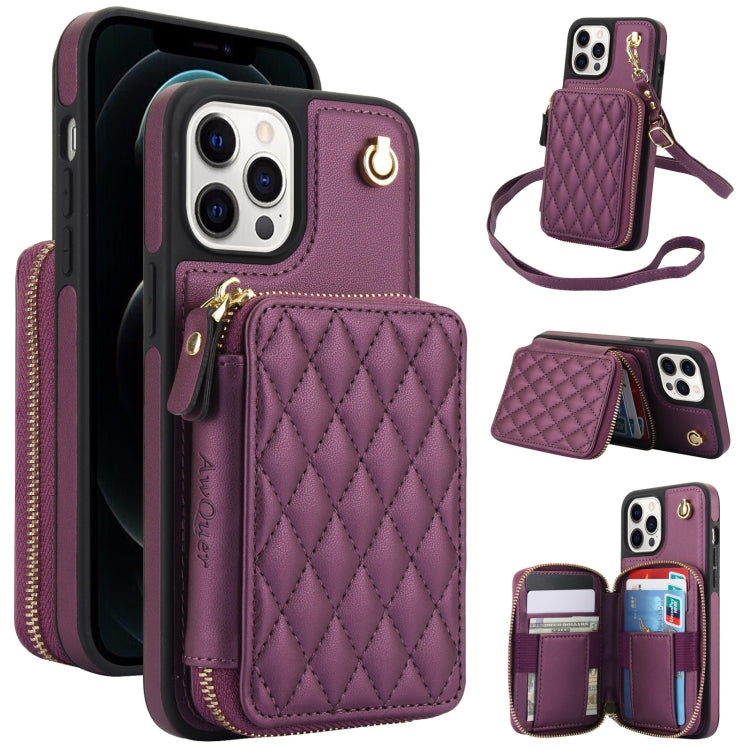 For iPhone 13 Pro AwQuer Crossbody Zipper Wallet Rhombic Leather Back Phone Case(Dark Purple) - iPhone 13 Pro Cases by Awquer | Online Shopping UK | buy2fix
