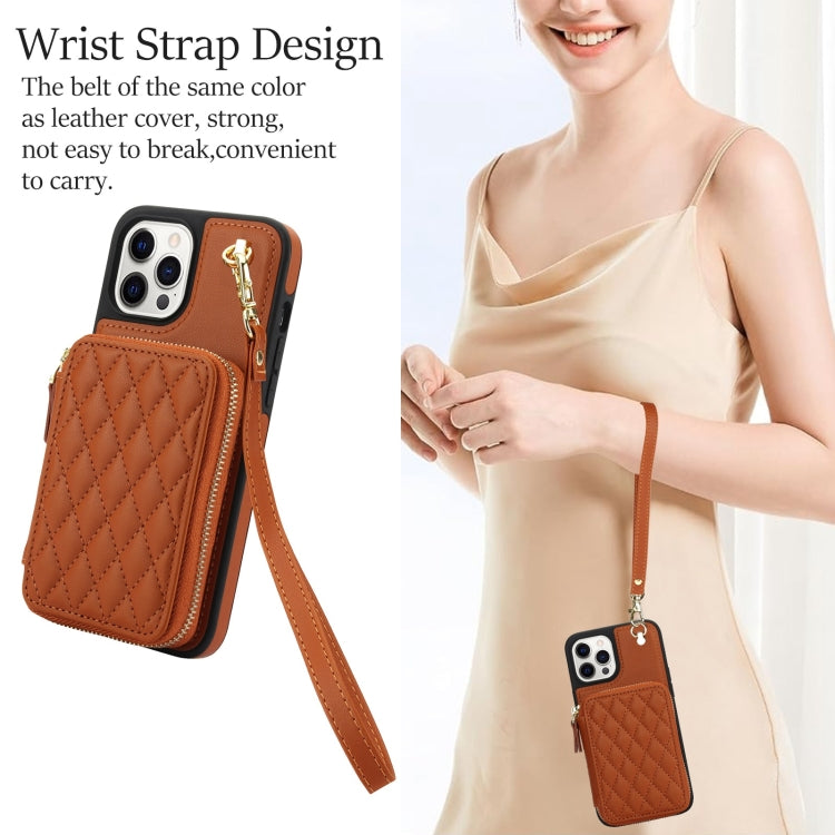 For iPhone 13 Pro AwQuer Crossbody Zipper Wallet Rhombic Leather Back Phone Case(Brown) - iPhone 13 Pro Cases by Awquer | Online Shopping UK | buy2fix