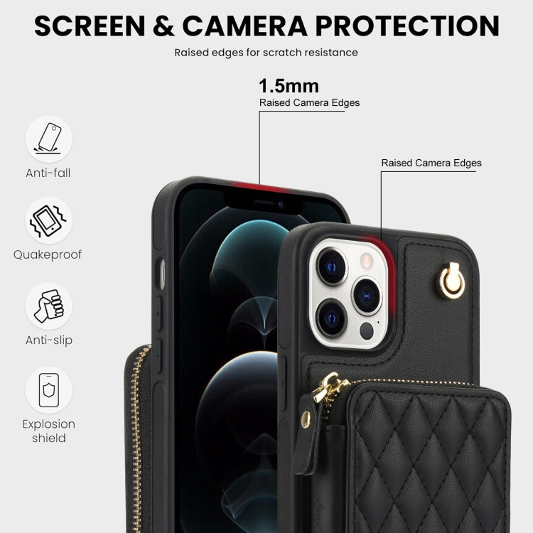 For iPhone 12 / 12 Pro AwQuer Crossbody Zipper Wallet Rhombic Leather Back Phone Case(Black) - iPhone 12 / 12 Pro Cases by Awquer | Online Shopping UK | buy2fix