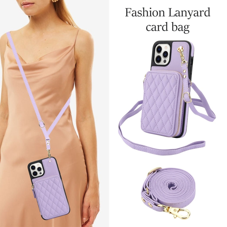 For iPhone 12 / 12 Pro AwQuer Crossbody Zipper Wallet Rhombic Leather Back Phone Case(Purple) - iPhone 12 / 12 Pro Cases by Awquer | Online Shopping UK | buy2fix