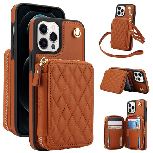 For iPhone 12 / 12 Pro AwQuer Crossbody Zipper Wallet Rhombic Leather Back Phone Case(Brown) - iPhone 12 / 12 Pro Cases by Awquer | Online Shopping UK | buy2fix