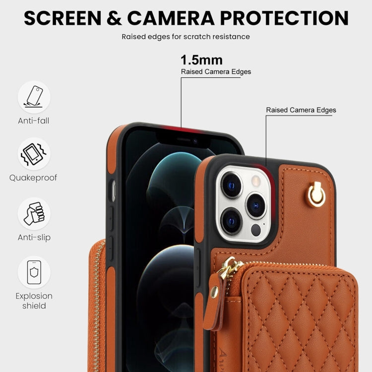 For iPhone 12 / 12 Pro AwQuer Crossbody Zipper Wallet Rhombic Leather Back Phone Case(Brown) - iPhone 12 / 12 Pro Cases by Awquer | Online Shopping UK | buy2fix