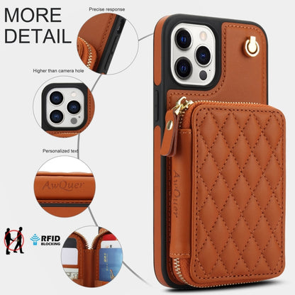 For iPhone 12 / 12 Pro AwQuer Crossbody Zipper Wallet Rhombic Leather Back Phone Case(Brown) - iPhone 12 / 12 Pro Cases by Awquer | Online Shopping UK | buy2fix