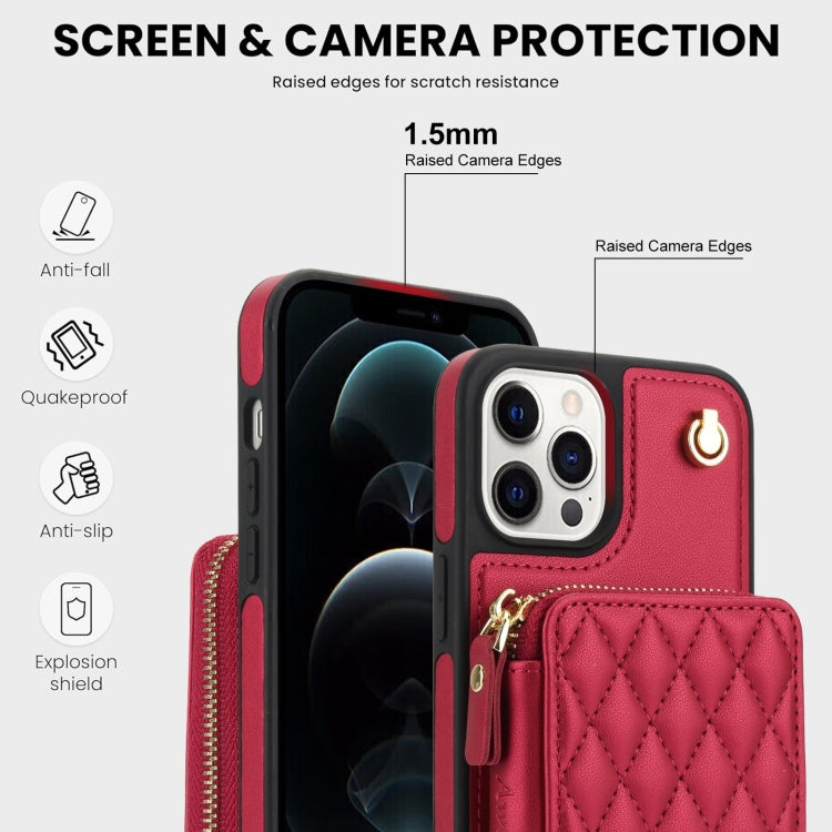For iPhone 12 Pro Max AwQuer Crossbody Zipper Wallet Rhombic Leather Back Phone Case(Red) - iPhone 12 Pro Max Cases by Awquer | Online Shopping UK | buy2fix