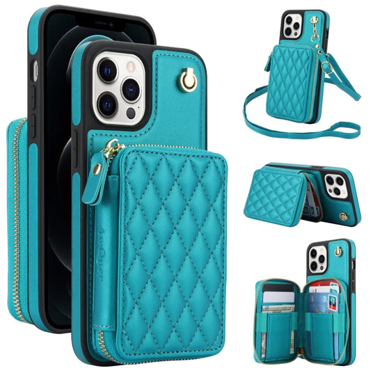 For iPhone 12 Pro Max AwQuer Crossbody Zipper Wallet Rhombic Leather Back Phone Case(Green) - iPhone 12 Pro Max Cases by Awquer | Online Shopping UK | buy2fix