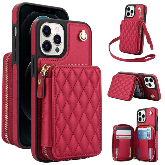 For iPhone 11 Pro Max AwQuer Crossbody Zipper Wallet Rhombic Leather Back Phone Case(Red)