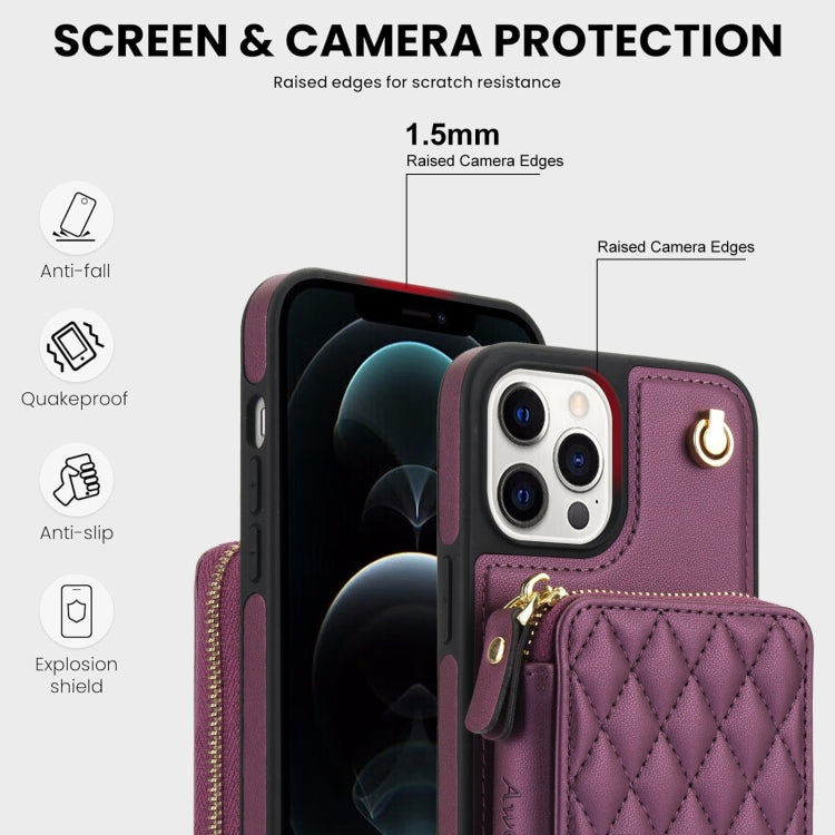For iPhone 11 Pro Max AwQuer Crossbody Zipper Wallet Rhombic Leather Back Phone Case(Dark Purple) - iPhone 11 Pro Max Cases by Awquer | Online Shopping UK | buy2fix