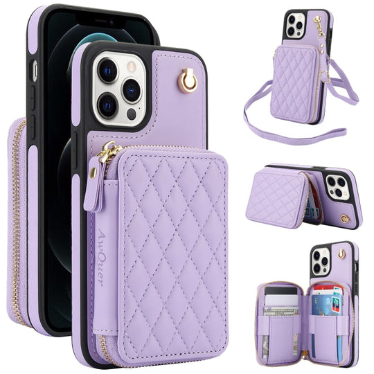For iPhone 11 Pro Max AwQuer Crossbody Zipper Wallet Rhombic Leather Back Phone Case(Purple)