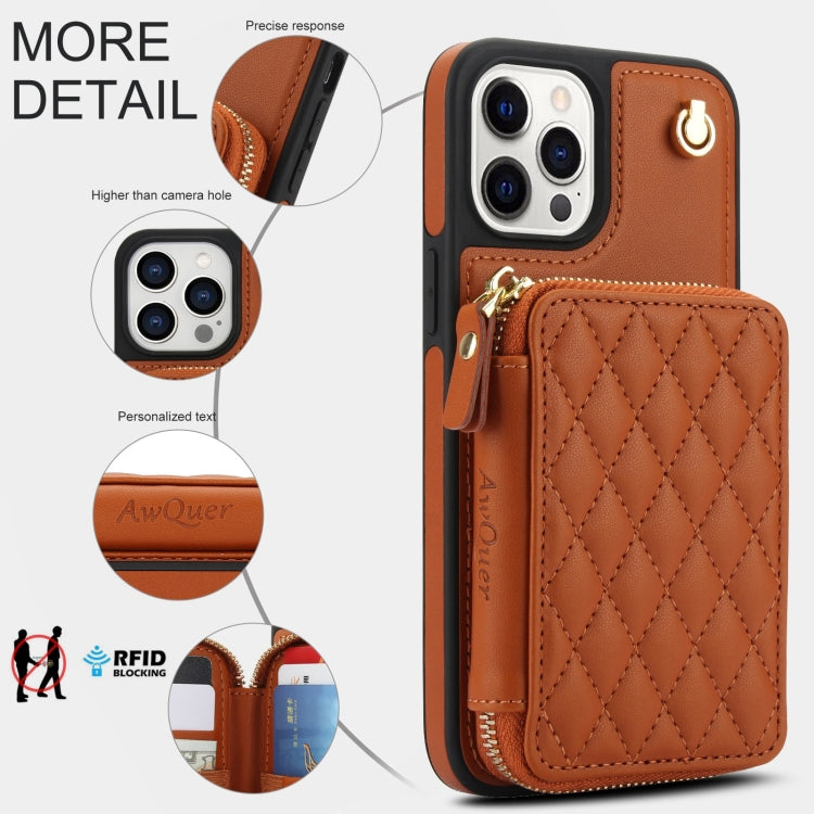 For iPhone 11 Pro Max AwQuer Crossbody Zipper Wallet Rhombic Leather Back Phone Case(Brown) - iPhone 11 Pro Max Cases by Awquer | Online Shopping UK | buy2fix