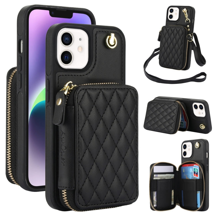 For iPhone 11 AwQuer Crossbody Zipper Wallet Rhombic Leather Back Phone Case(Black) - iPhone 11 Cases by Awquer | Online Shopping UK | buy2fix