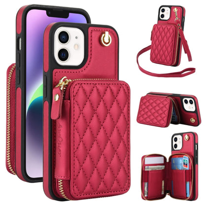 For iPhone 11 AwQuer Crossbody Zipper Wallet Rhombic Leather Back Phone Case(Red) - iPhone 11 Cases by Awquer | Online Shopping UK | buy2fix