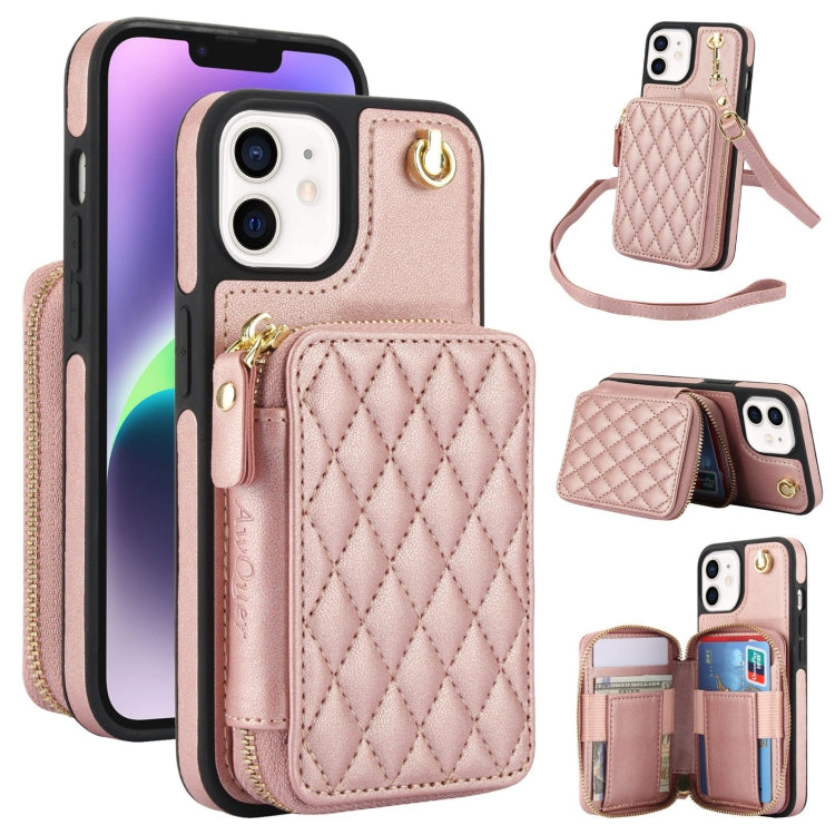 For iPhone 11 AwQuer Crossbody Zipper Wallet Rhombic Leather Back Phone Case(Rose Gold) - iPhone 11 Cases by Awquer | Online Shopping UK | buy2fix