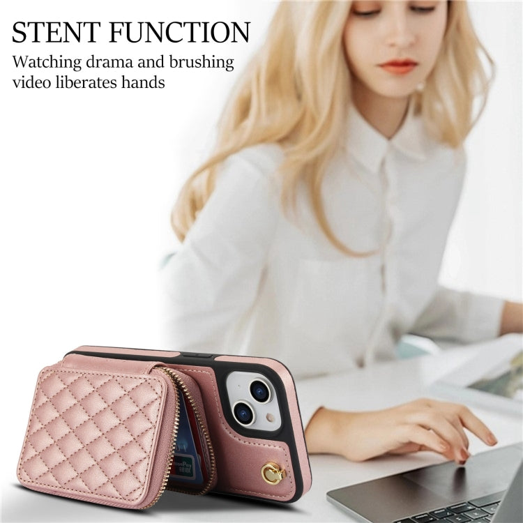 For iPhone 11 AwQuer Crossbody Zipper Wallet Rhombic Leather Back Phone Case(Rose Gold) - iPhone 11 Cases by Awquer | Online Shopping UK | buy2fix