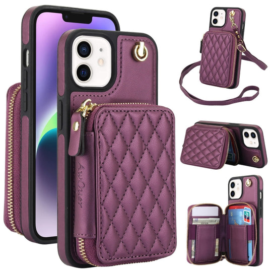 For iPhone 11 AwQuer Crossbody Zipper Wallet Rhombic Leather Back Phone Case(Dark Purple)