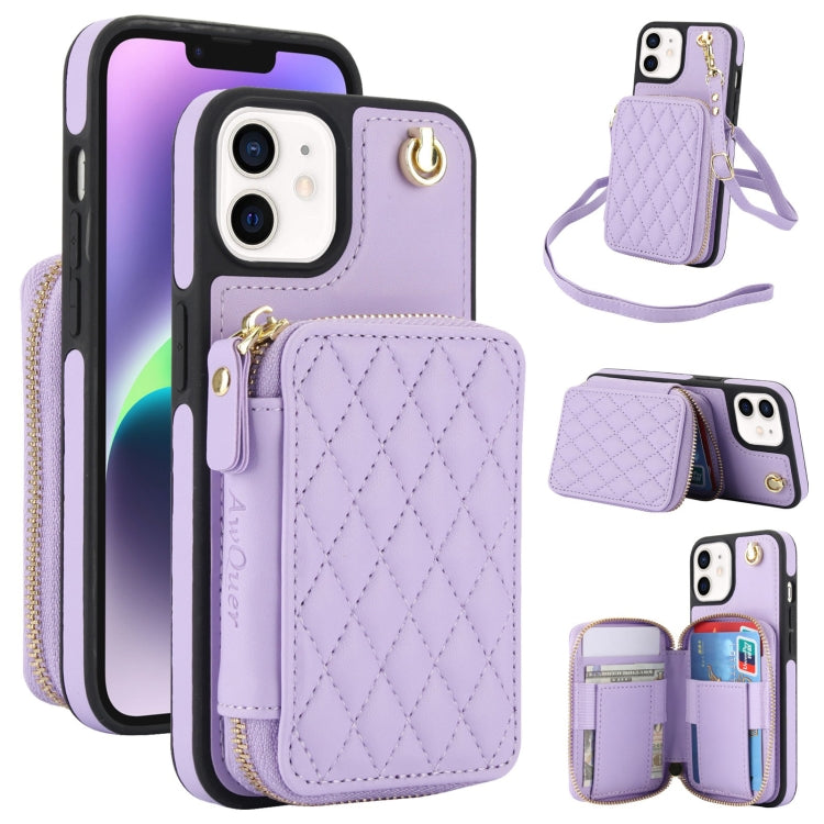 For iPhone 11 AwQuer Crossbody Zipper Wallet Rhombic Leather Back Phone Case(Purple) - iPhone 11 Cases by Awquer | Online Shopping UK | buy2fix