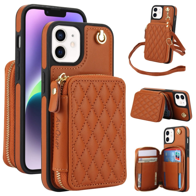 For iPhone 11 AwQuer Crossbody Zipper Wallet Rhombic Leather Back Phone Case(Brown) - iPhone 11 Cases by Awquer | Online Shopping UK | buy2fix