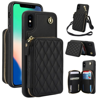 For iPhone X / XS AwQuer Crossbody Zipper Wallet Rhombic Leather Back Phone Case(Black) - More iPhone Cases by Awquer | Online Shopping UK | buy2fix