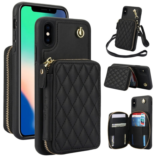For iPhone X / XS AwQuer Crossbody Zipper Wallet Rhombic Leather Back Phone Case(Black) - More iPhone Cases by Awquer | Online Shopping UK | buy2fix
