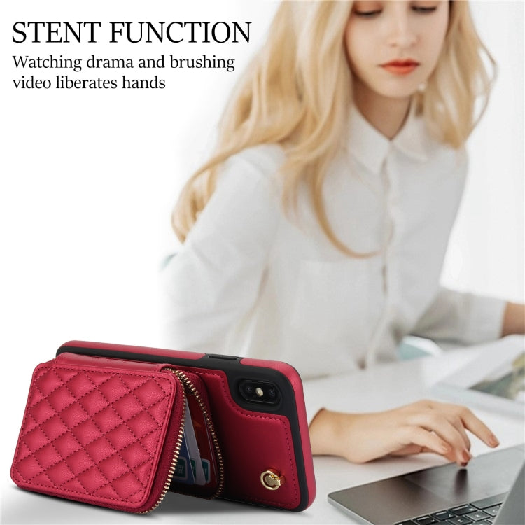 For iPhone X / XS AwQuer Crossbody Zipper Wallet Rhombic Leather Back Phone Case(Red) - More iPhone Cases by Awquer | Online Shopping UK | buy2fix