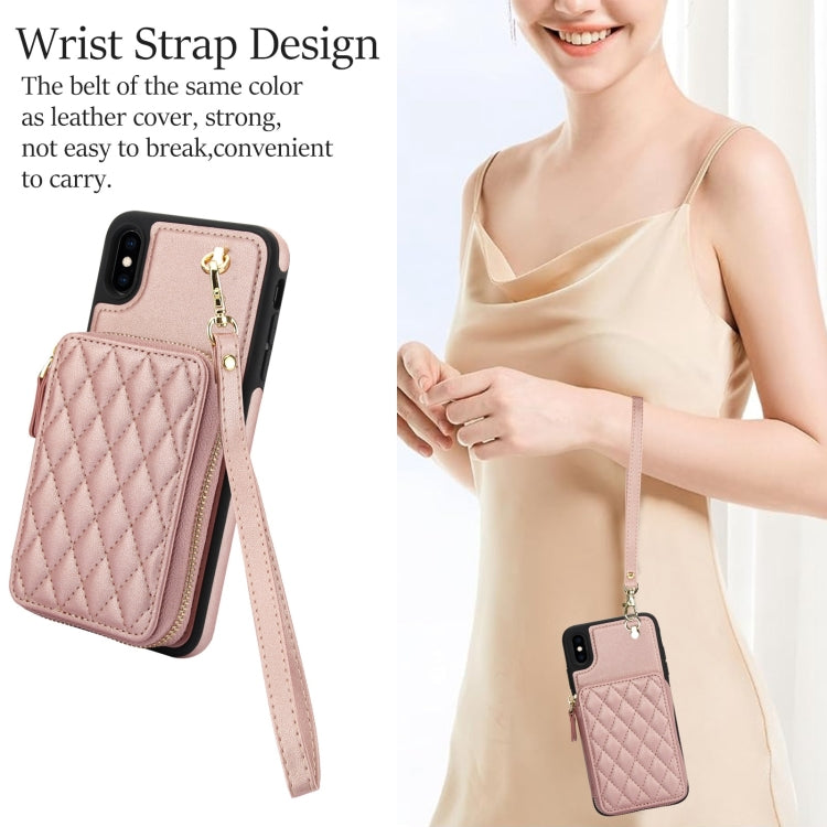 For iPhone X / XS AwQuer Crossbody Zipper Wallet Rhombic Leather Back Phone Case(Rose Gold) - More iPhone Cases by Awquer | Online Shopping UK | buy2fix