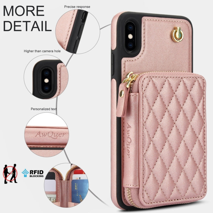 For iPhone X / XS AwQuer Crossbody Zipper Wallet Rhombic Leather Back Phone Case(Rose Gold) - More iPhone Cases by Awquer | Online Shopping UK | buy2fix