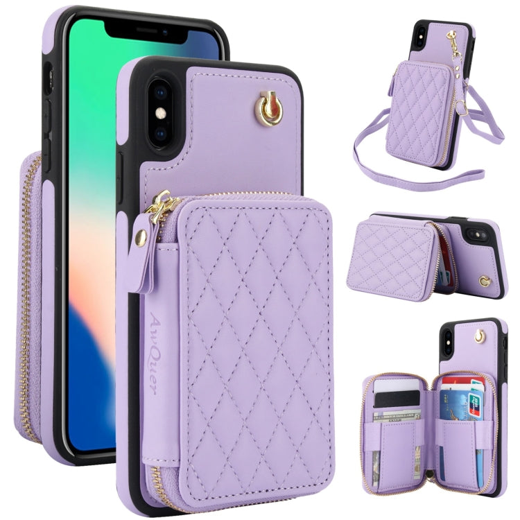 For iPhone X / XS AwQuer Crossbody Zipper Wallet Rhombic Leather Back Phone Case(Purple) - More iPhone Cases by Awquer | Online Shopping UK | buy2fix