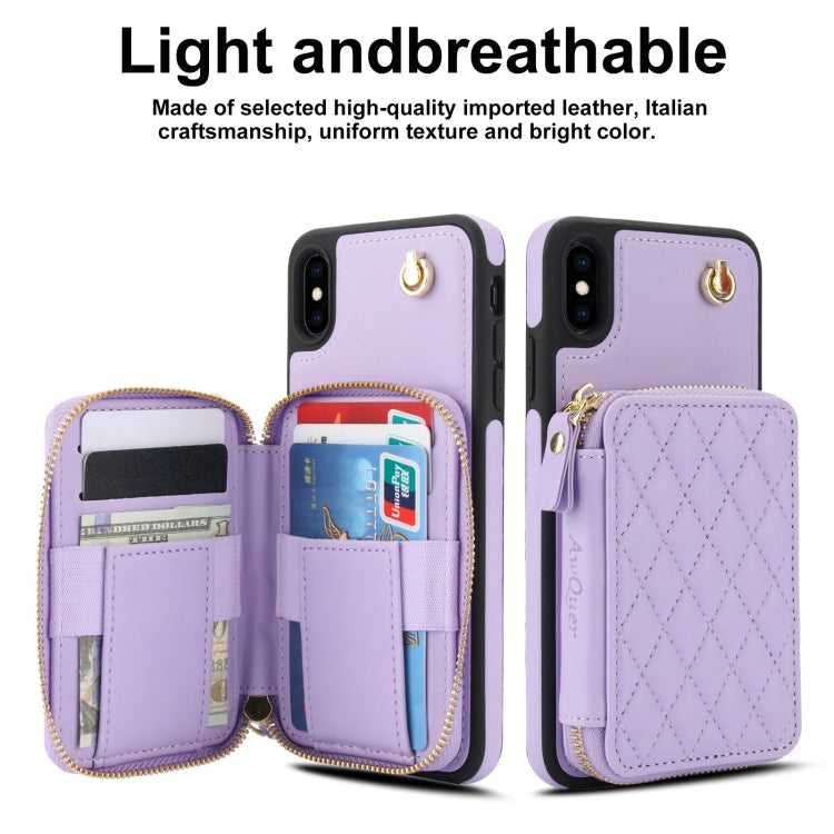 For iPhone X / XS AwQuer Crossbody Zipper Wallet Rhombic Leather Back Phone Case(Purple) - More iPhone Cases by Awquer | Online Shopping UK | buy2fix
