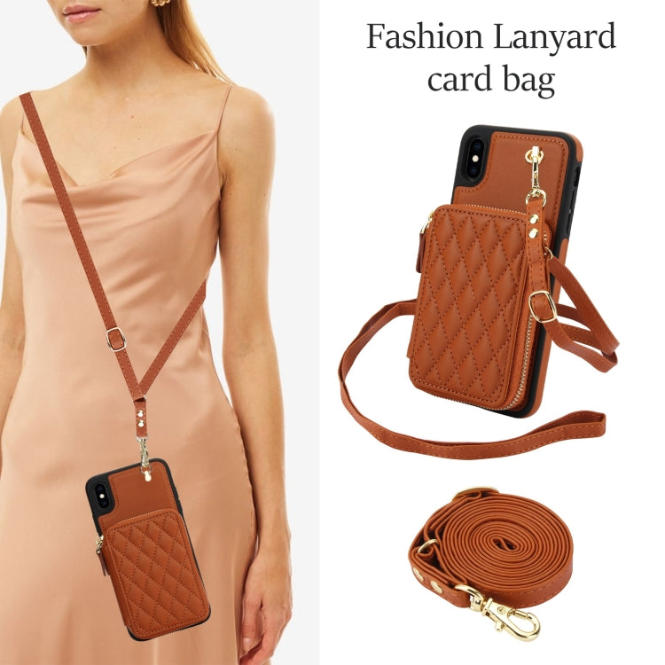 For iPhone X / XS AwQuer Crossbody Zipper Wallet Rhombic Leather Back Phone Case(Brown) - More iPhone Cases by Awquer | Online Shopping UK | buy2fix
