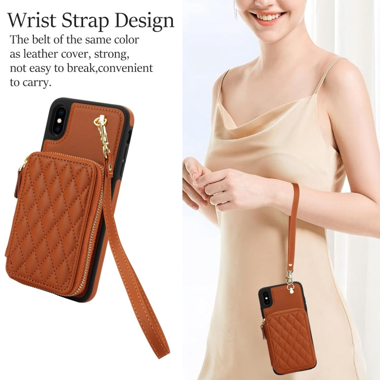 For iPhone X / XS AwQuer Crossbody Zipper Wallet Rhombic Leather Back Phone Case(Brown) - More iPhone Cases by Awquer | Online Shopping UK | buy2fix