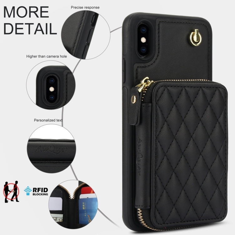 For iPhone XR AwQuer Crossbody Zipper Wallet Rhombic Leather Back Phone Case(Black) - More iPhone Cases by Awquer | Online Shopping UK | buy2fix