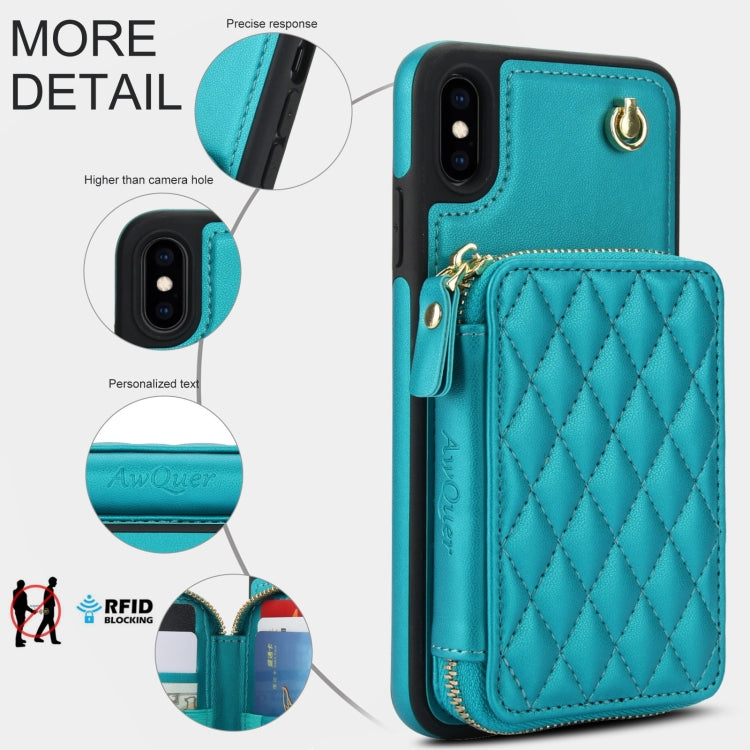 For iPhone XR AwQuer Crossbody Zipper Wallet Rhombic Leather Back Phone Case(Green) - More iPhone Cases by Awquer | Online Shopping UK | buy2fix