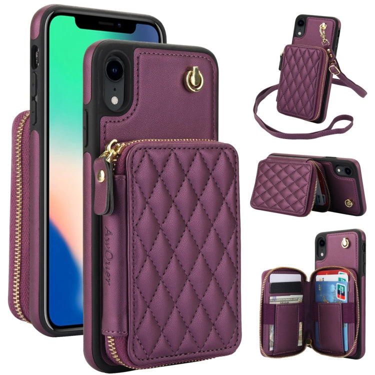 For iPhone XR AwQuer Crossbody Zipper Wallet Rhombic Leather Back Phone Case(Dark Purple) - More iPhone Cases by Awquer | Online Shopping UK | buy2fix