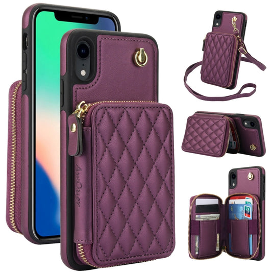 For iPhone XR AwQuer Crossbody Zipper Wallet Rhombic Leather Back Phone Case(Dark Purple) - More iPhone Cases by Awquer | Online Shopping UK | buy2fix