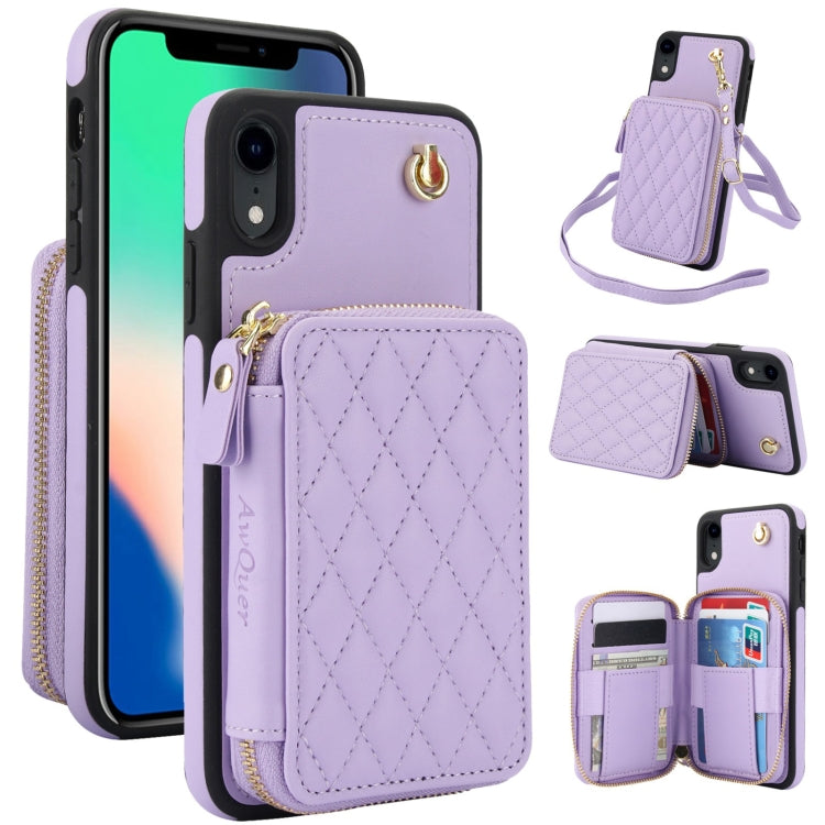 For iPhone XR AwQuer Crossbody Zipper Wallet Rhombic Leather Back Phone Case(Purple) - More iPhone Cases by Awquer | Online Shopping UK | buy2fix