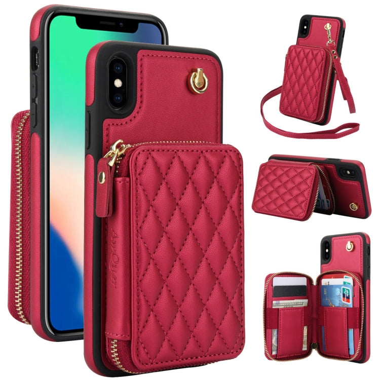 For iPhone XS Max AwQuer Crossbody Zipper Wallet Rhombic Leather Back Phone Case(Red) - More iPhone Cases by Awquer | Online Shopping UK | buy2fix