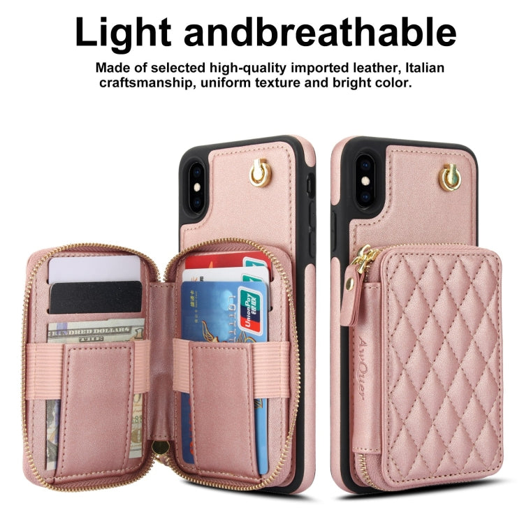 For iPhone XS Max AwQuer Crossbody Zipper Wallet Rhombic Leather Back Phone Case(Rose Gold) - More iPhone Cases by Awquer | Online Shopping UK | buy2fix